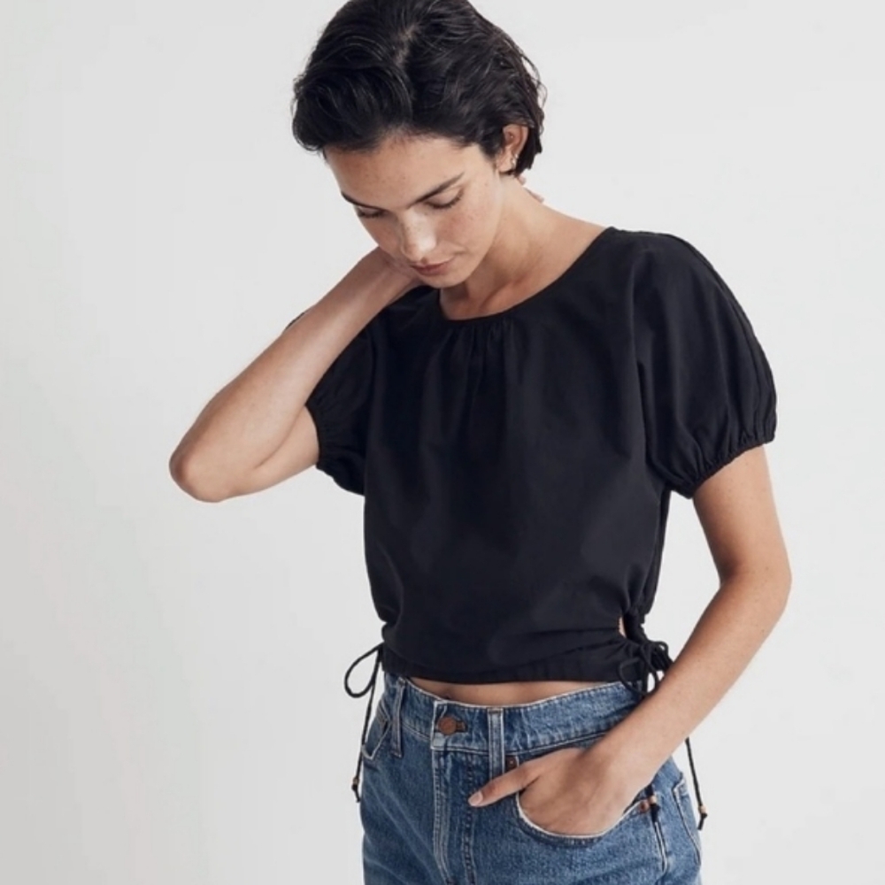 Madewell Poplin Puff Sleeve Cutout Cropped Top Cotton Black Medium Women…